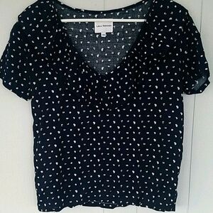 Lola Nomada Navy Print Ruffle Neckline Top